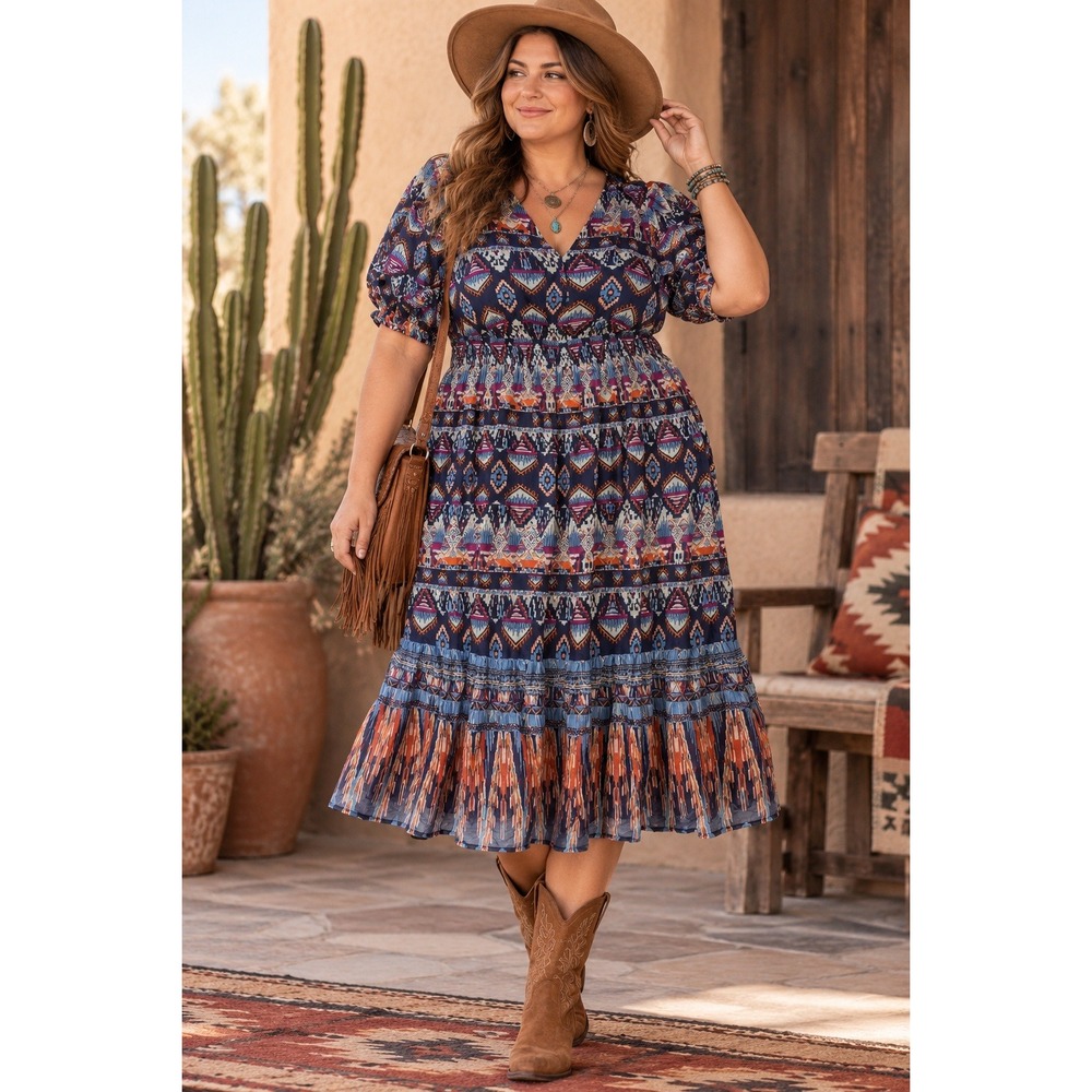 Old Navy Waist Defined Aztec Southwestern Midi Dress Chiffon Pockets Size 3X